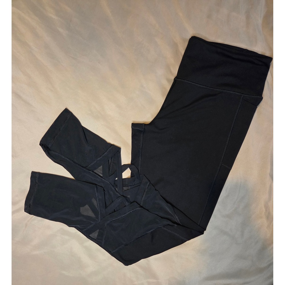 Victoria Sport Knockout Leggings XL Black Mesh Strappy Lattice Pocket Activewear